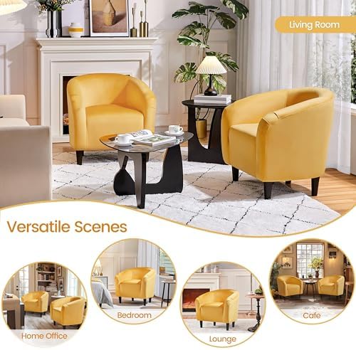 Yaheetech Small 25.5in Wide Velvet Barrel Accent Chair Bedroom, Yellow