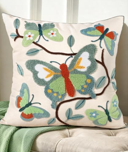 Embroidered Throw Pillow Cover 18x18 Inch, Branch Butterfly