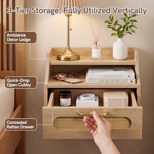 Afuly Floating Nightstand with Drawer Oak Rattan Bedside Table Wall Mounted