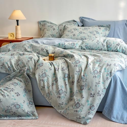 HighBuy Muslin Cotton Duvet Cover Full Textured Floral Bedding French Style Soft Muslin Cotton,Vintage Duvet Cover Set Flower Shabby Chic Gauze Bedding Comforter Cover Set,Soft and Breathable