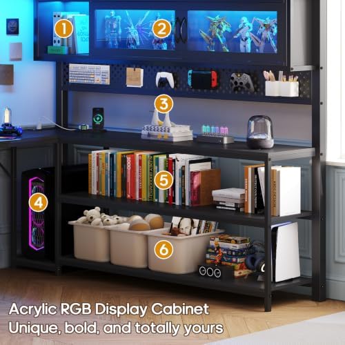 ADORNEVE Gaming Loft Bed Full Size with Desk, Arcylic RGB Hutch, Black