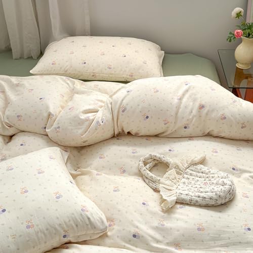 Cherry Twin Size Duvet Cover Boho Muslin Twin Comforter Cover Cotton Double Gauze Bow Zipper Duvet Cover Set with 2 Pillowcases Kawaii Pattern Bedding Set for Girls Duvet Protector