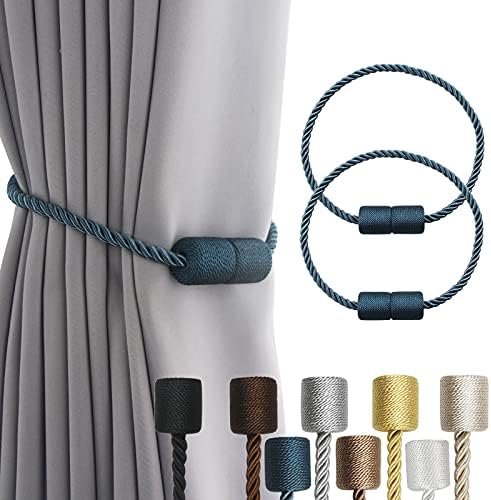2 Pack Strong Magnetic Curtain Tiebacks Outdoor Elegant Decorative Tie Backs Modern Rope Tiebacks for Drapes Window Curtain Holdbacks for Draperies- Blue