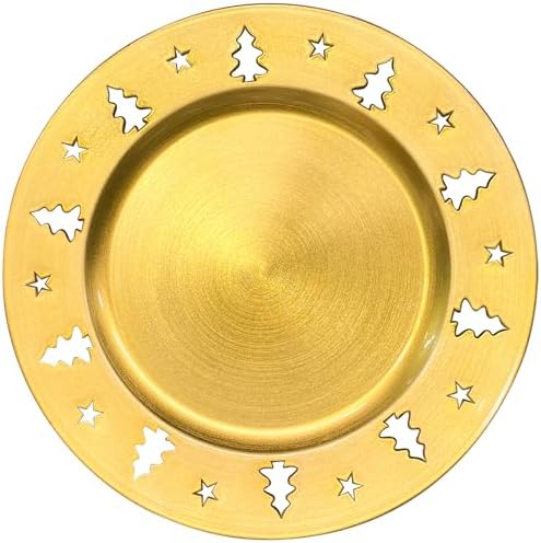 Gold Christmas Tree Charger Plates - 13" Reusable Openwork Holidays Party Decorations Round Chargers for Dinner Plate - Elegant Table Setting Centerpieces 6 Pack