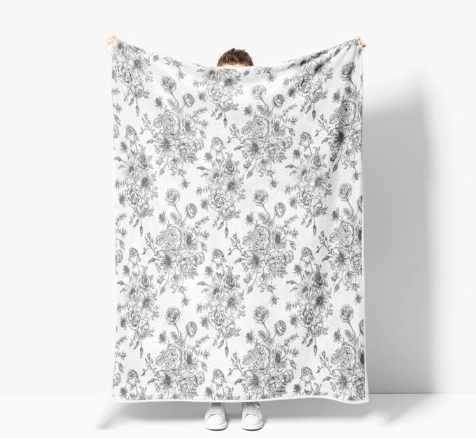 Floral Throw Blanket, Botanical Floral Blanket, Soft, Flannel, Warm, Boho Floral Bed Blanket All Season Flower Throw Blanket for Couch Bedroom Living Room, Gray 60X80 Inch
