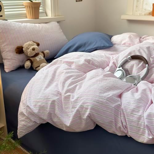 mixinni Pink White Striped Duvet Cover Twin Size, 3-Piece Washed Microfiber Vintage Striped Bedding Set, Soft Aesthetic Stripe Pattern Duvet Cover with Zipper Closure & Corner Ties for Women Girls