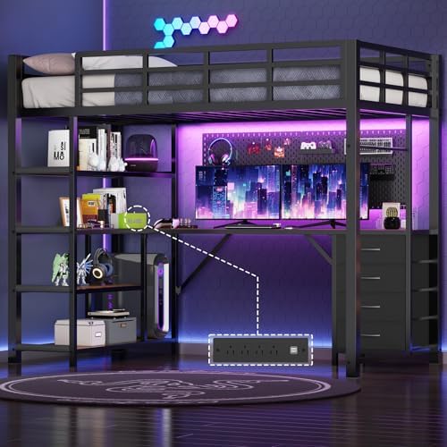 Loft Bed Twin Size with L Shape Desk,4 Drawers,3-Tier Storage Shelves Metal Loft Bed Frame with Power Outlet and LED Lighted,No Box Spring Needed,Space-Saving,Noise Free (Brown & Black, Twin Size)