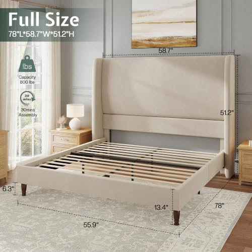 Jocisland Full Size Bed Frame Tall Wingback Headboard Upholstered,Off-White