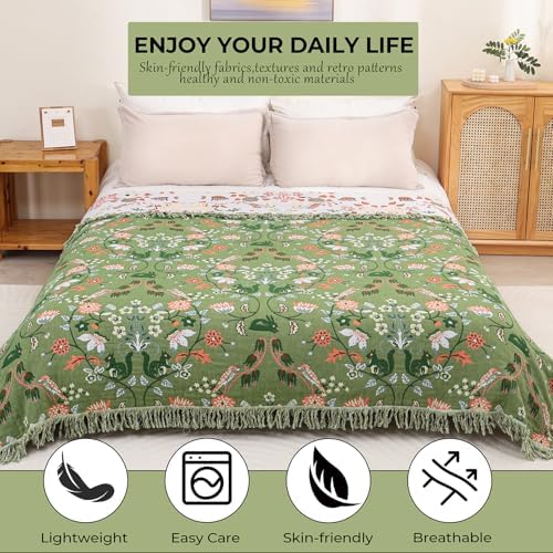 100% Cotton Light Green Boho Throw Blanket for Bed Gift 60"x80"