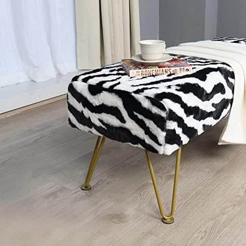 Zebra Print Long Rectangle Faux Fur Ottoman 46"x16"x17" Entryway Bench Soft Furry Footrest Stool Accent Seating Bench Bedroom End of Bed Fuzzy Table for Living Room Closet with Golden Legs