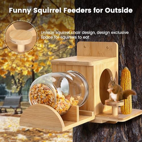 Bamboo Wood Squirrel Feeder, Outdoor Squirrel Feeders for Garden Tree, Chipmunk Feeder for Corn and Peanuts, with Removable Glass Storage Bottle and 2 Stable Stools