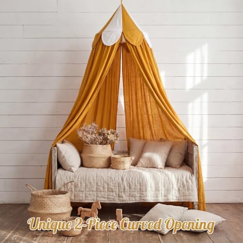 Bed Canopy with Scalloped Edge, 2 Panel Striped, Camel