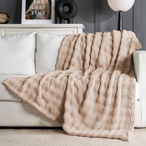 Brown Faux Fur Throw Blanket for Couch, Soft Fluffy Bubble Blanket for Bed Sofa, Thick Warm Plush Fuzzy Rabbit Fur Blanket for Neutral Home Decor, 50"X 60"
