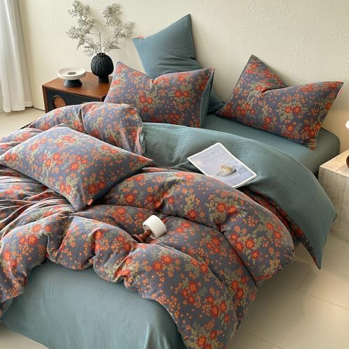 HighBuy Aesthetic Brunt Orange Floral Duvet Cover Set King,100% Muslin Cotton Soft Durable Reversible Coquette Gauze Bedding Set,Vintage Floral Bedding Set,Duvet Cover with 2 Pillowcases