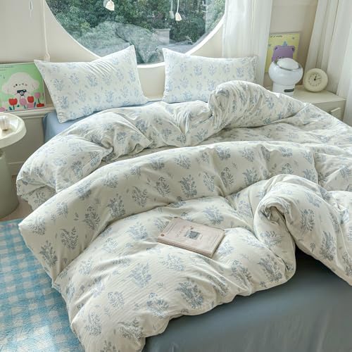 LifeTB Muslin Duvet Cover Set Full Vintage Botanical Floral Duvet Cover 100% Cotton Linen Feel Flower Bedding Set Super Soft Gauze Comforter Cover Breathable Lightweight Cottagecore Bedding Set