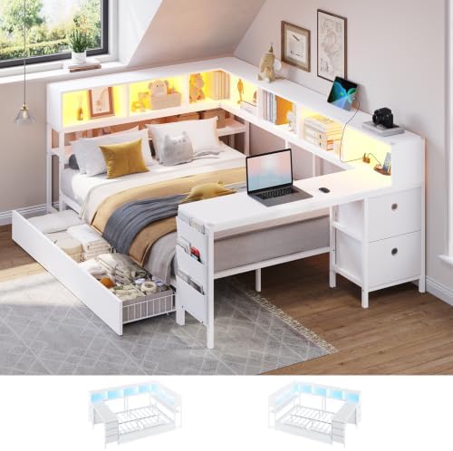 DICTAC Corner Full Bed Frame with Desk, 9 Storage Drawers and Bookcase, Full Size Platform Bed Frame with Charging Station and LED Lights, Modern Daybed for Kids/Teen with Storage, Space-Saving, White
