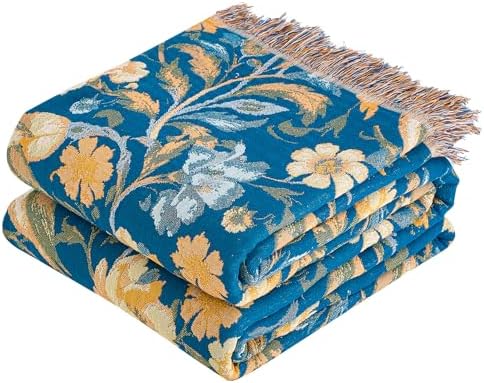 VANJOROY Boho Throw Blanket, 100% Organic Cotton Breathable Ultra Soft 50" x 60" Bed Quilt Blue Throw - All Season Bird Floral Rustic Farmhouse Decor Reversible Blanket for Couch Chair and Gift