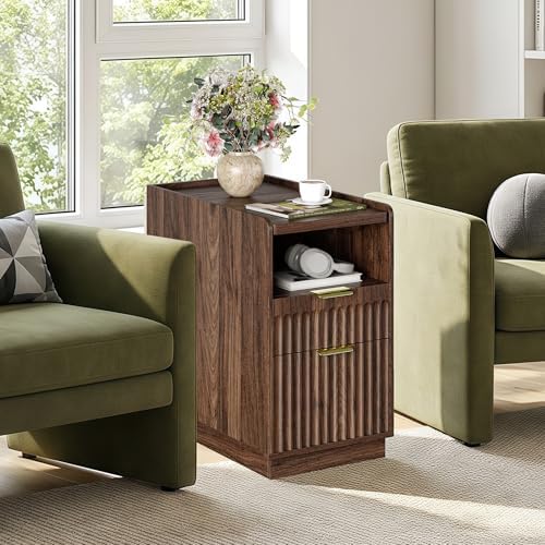 iPormis Fluted Narrow End Table Set of 2 with Charging & 2 Drawers, Walnut
