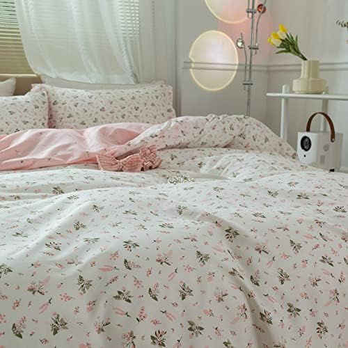 Pink Floral Duvet Cover Set 100% Cotton Queen(90"x90"),White Pink