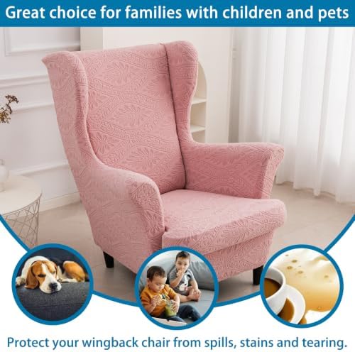 HZDHCLH Wingback Chair Slipcovers 2 Piece Stretch Spandex Chair Covers Washable Armchair Protector with Elastic Fit for Living Room Bedroom Pink Embossed Leaf Pattern