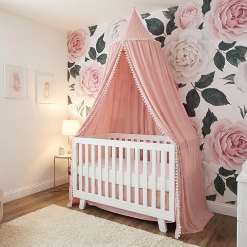 LOAOL Bed Canopy with Pom Pom Kids Reading Nook Hanging Tent (Pink)