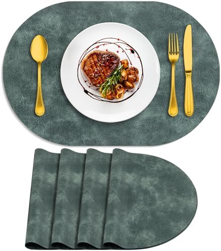 ADRIMER Oval Placemats Set of 4, Wipeable Faux Leather, Blue & Green