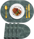 ADRIMER Oval Placemats Set of 4, Wipeable Faux Leather, Blue & Green