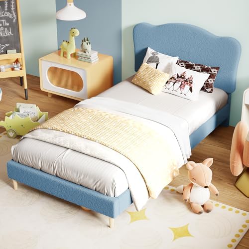 Garvee Upholstered Twin Size Bed Frame for Kids with Scallop Headboard, Cute Velvet Twin Bed for Girls, Boys, Sturdy Platform Bed, No Box Spring Needed, Wooden Slats, Noise Free, Blue