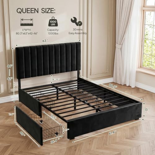 Welzona Queen Size Upholstered Bed Frame with Headboard & 4 Drawers, Black