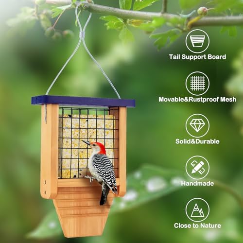 Gbekery Wooden Suet Feeder with Tail Prop for Outside Hanging, Blue Roof
