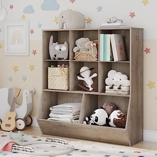 HOOBRO Kids Bookshelf, Toy Storage Cabinet, Kids Toy Organizer, 8 Cubicles, Bookcase Footboard, Bookshelf for Kids, for Playroom, Bedroom, Nursery, School, Greige BG35CW01G1