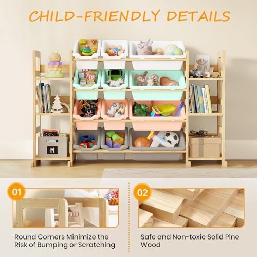 EXPERLAM Extra Large Toy Storage - Toy Storage Organizer, Wooden Toy Organizer with 6 Side Shelves and 12 Bins, 3-in-1 Bookshelf for Kids Rooms, Playroom, Nursery, Multi Color