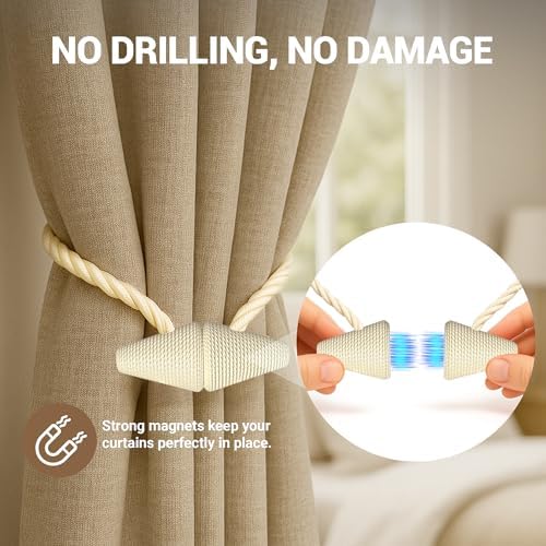 Hion Magnetic Curtain Tiebacks Beige 2pcs, Curtain Holdbacks Hooks Holders