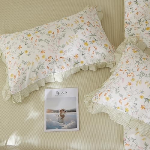 Vintage Floral Duvet Cover Set King Size - 3 Piece Ruffle Lace Bedding Set, 100% Cotton Aesthetic Coquette Duvet Cover, Botanical Flower Cottagecore Comforter Cover Green Striped Bedding Set King