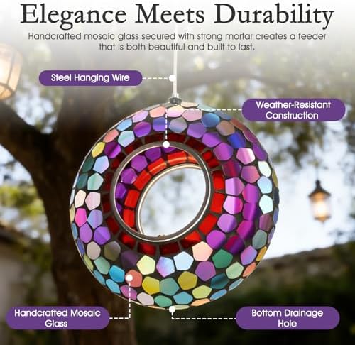 6 Inch Mosaic Glass Fly Through Bird Feeder for Outdoors, Purple