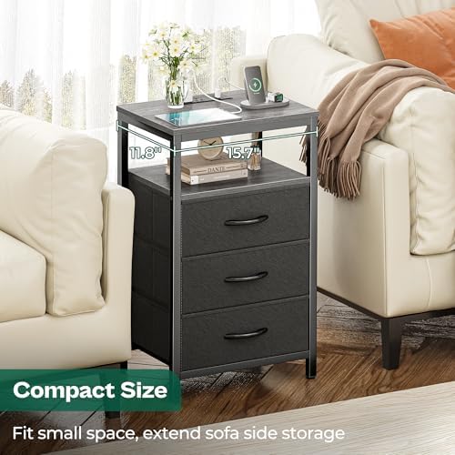 Huuger Nightstand with Charging Station, 27.6 Inch Bedside Table,Side Table
