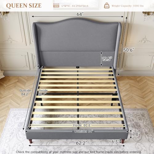 koorlian Queen Size Upholstered Bed Frame with 51'' Tall Headboard, Grey