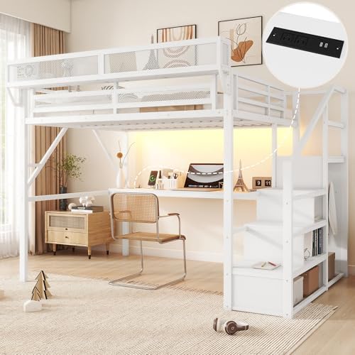 Queen Size Metal Loft Bed Frame with Desk, Staircase, Built-in Storage Shelves and Wardrobe, Modern Loft Bed with Solid Slat, Guardrail, No Box Spring Required, Easy Assembly, for Bedroom, White