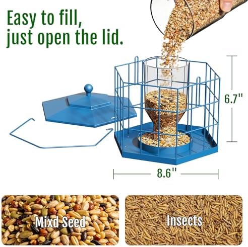 Birdream Squirrel Proof Bird Feeders for Outdoor Hanging, Metal Cage Bird Feeder with Rain Proof Covered for Wildbirds Bluebird Finches, Blue