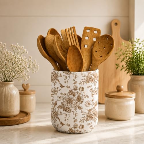 JarThenaAMCS Fall Brown Floral Ceramic Utensil Holder Chopstick Crock