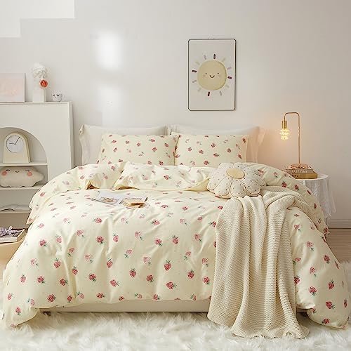 Strawberry Duvet Cover Set 100% Cotton,Full(80"x90"),Cream