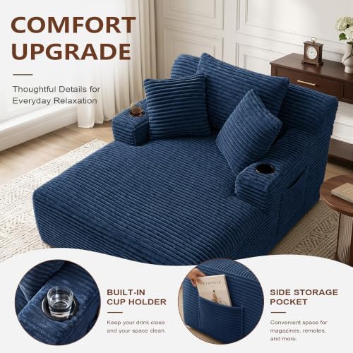 66" Chaise Lounge Chair Indoor, Corduroy Upholstered Reading Chair Oversized Boneless Chair with Deep Seat, Cloud Lounge Chair with 3 Pillows for Living Room, Bedroom, No Assembly Required