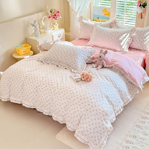 HighBuy Ruffled Duvet Cover Full Size,Farmhouse Pink Floral Bedding Comforter Cover with 2 Ruffle Lace Pillowcases,Chic Cottagecore Pink Princess French 100% Cotton with Zipper Closure,Full
