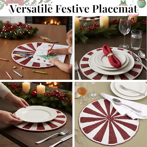 Alpha Living Home Beaded Placemats, Set of 2, 13 in Round, Red & White