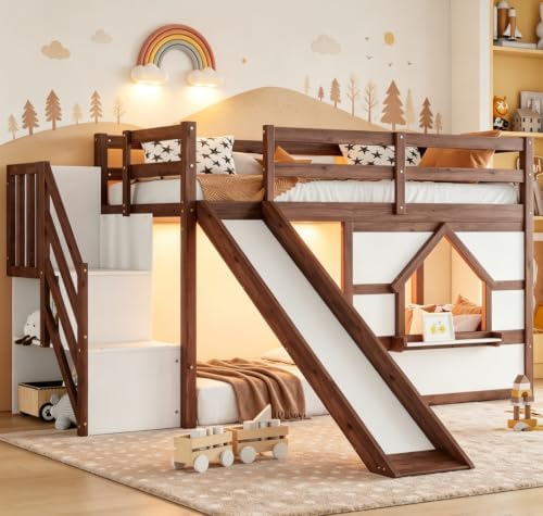 Bellemave Twin Low loft/bunk Bed with Slide and Storage Staircase LED for Kids,Wood Loft Beds,Walnut+White