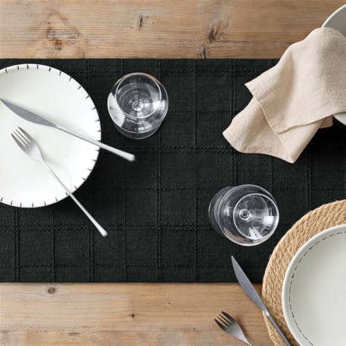 ZeeMart Linen Checked Farmhouse Table Runner, 13x48 Inches Black