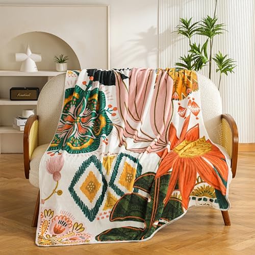 Tyrot Boho Floral Flannel Fleece Throw Blanket – Soft, Warm & Lightweight Fuzzy Blanket for Couch, Bed, or Sofa Decor, Cute Botanical Design for Women & Girls, 50''x60''