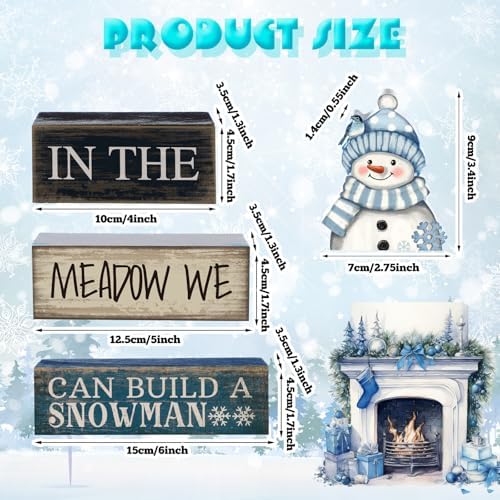 Yuntau 4 Pcs Winter Table Decoration Blue Snowman Decor Wooden Block Sign