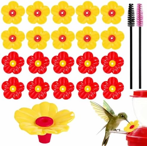 20 Pieces Hummingbird Feeder Replacement Flowers Plastic Hummingbird Feeders Parts Pet Bird Feeder Replacement for Outdoors Hanging Feeders Feeding Ports with 2 Cleaning Brush (Red + Yellow)