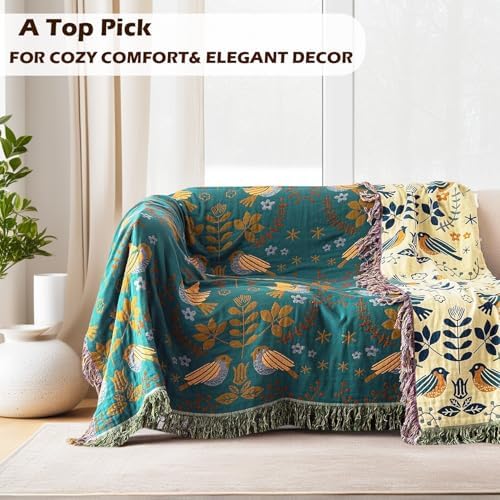 VANJOROY Boho Throw Blanket, 100% Organic Cotton Breathable Ultra Soft 91" x 108" King Bed Quilt Throw - Floral Rustic Bird Farmhouse Decor Luxury Blanket for Sofa Couch Chair and Gift,Teal/Beige